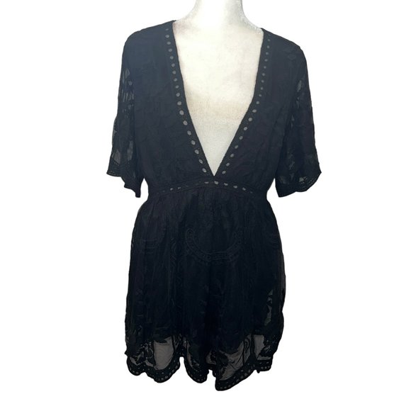Like new The Impeccable Pig Black Deep V Lace Romper or Mini Dress Size … - Picture 1 of 9